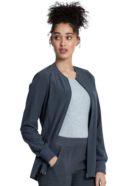 Allura CKA384 Zip Front Jacket Pewter Model Image Left Side | Cherokee