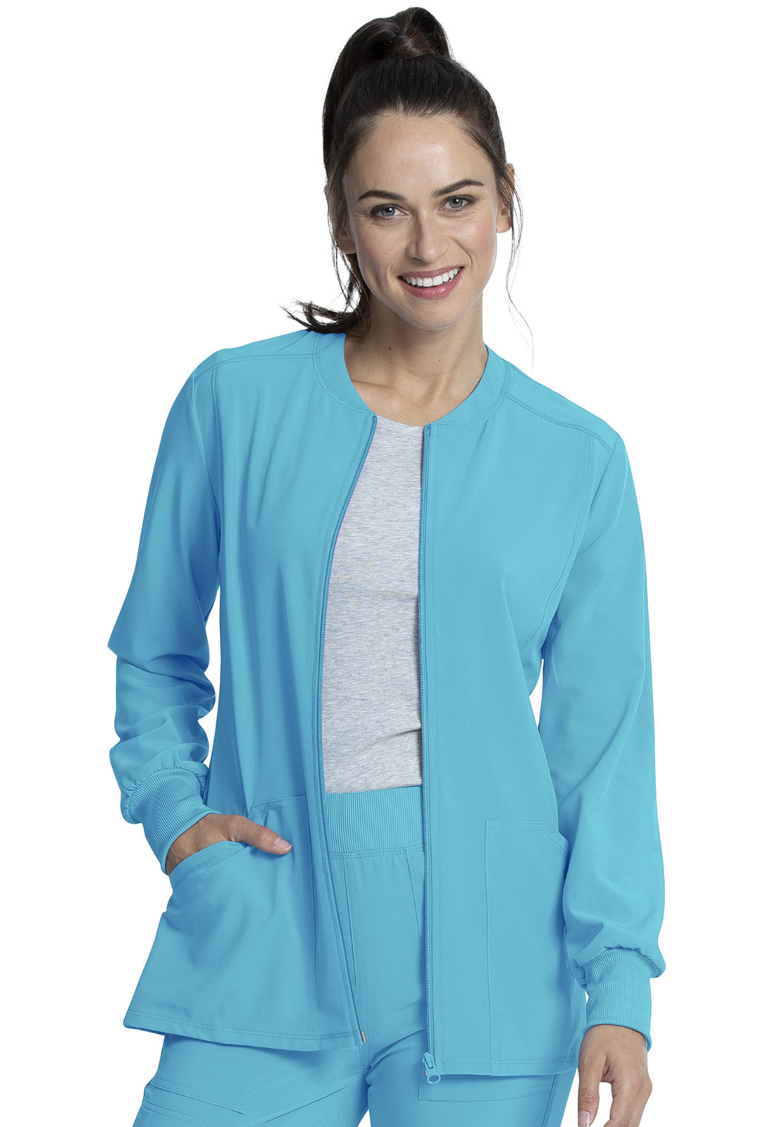 Allura CKA384 Zip Front Jacket Teal Blue Model Image Front | Cherokee