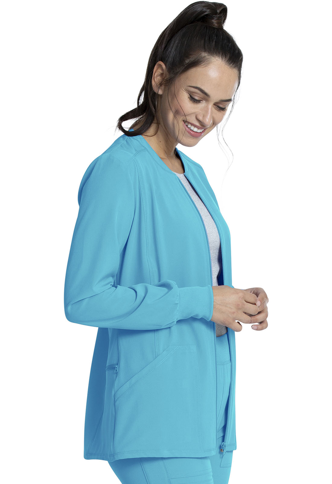 Allura CKA384 Zip Front Jacket Teal Blue Model Image Left Side | Cherokee