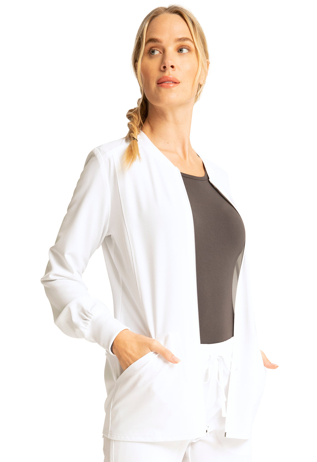 Allura CKA384 Zip Front Jacket White Model Image Left Side | Cherokee