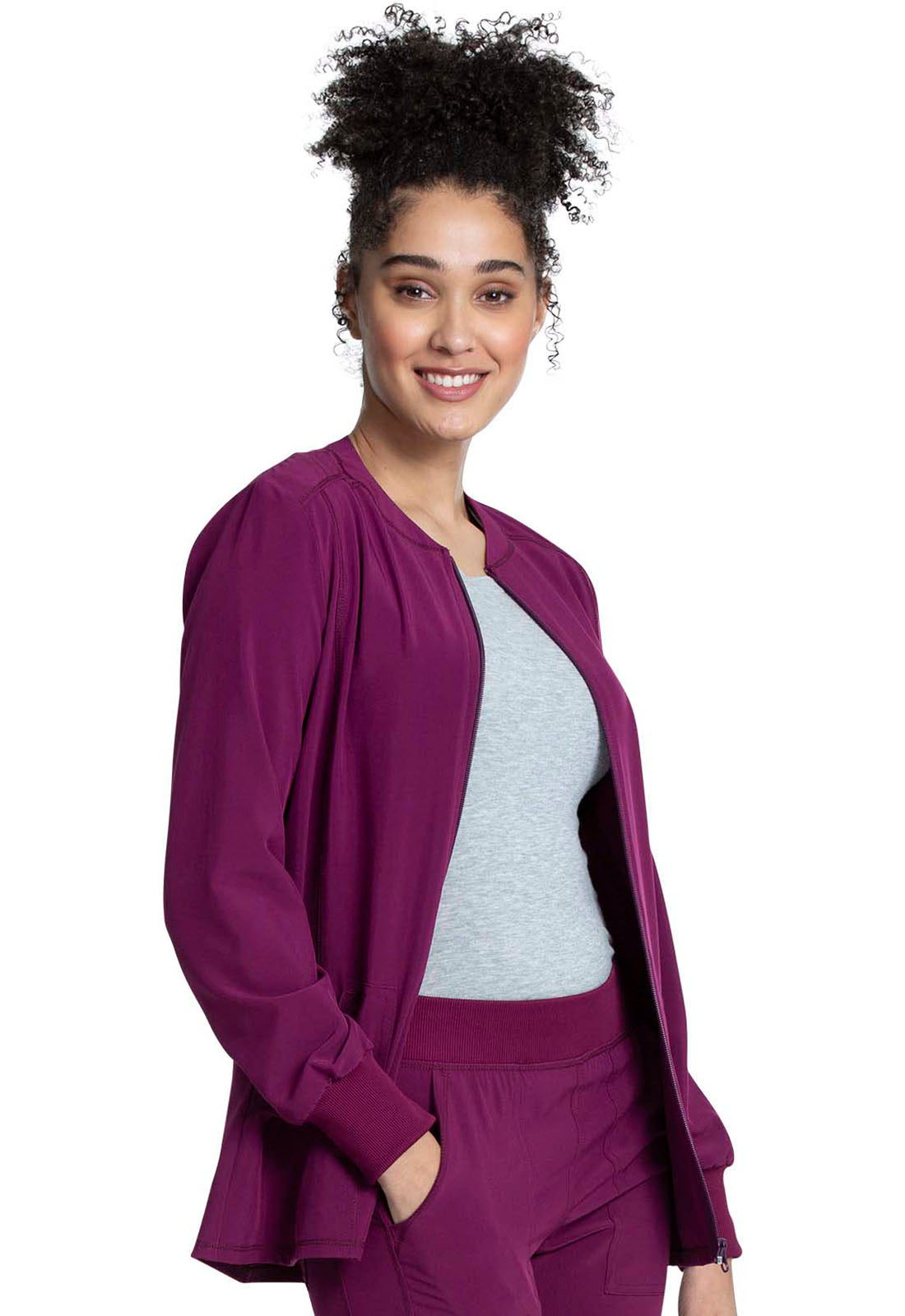 Allura CKA384 Zip Front Jacket Wine Model Image Left Side | Cherokee