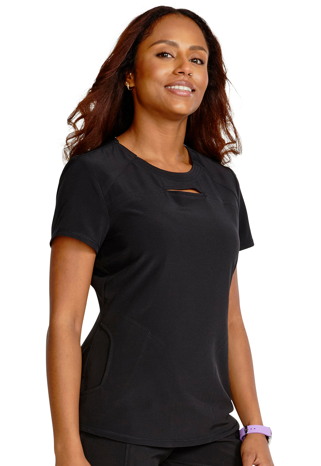 Allura CKA672 Round Neck top Black Model Image Left Side | Cherokee