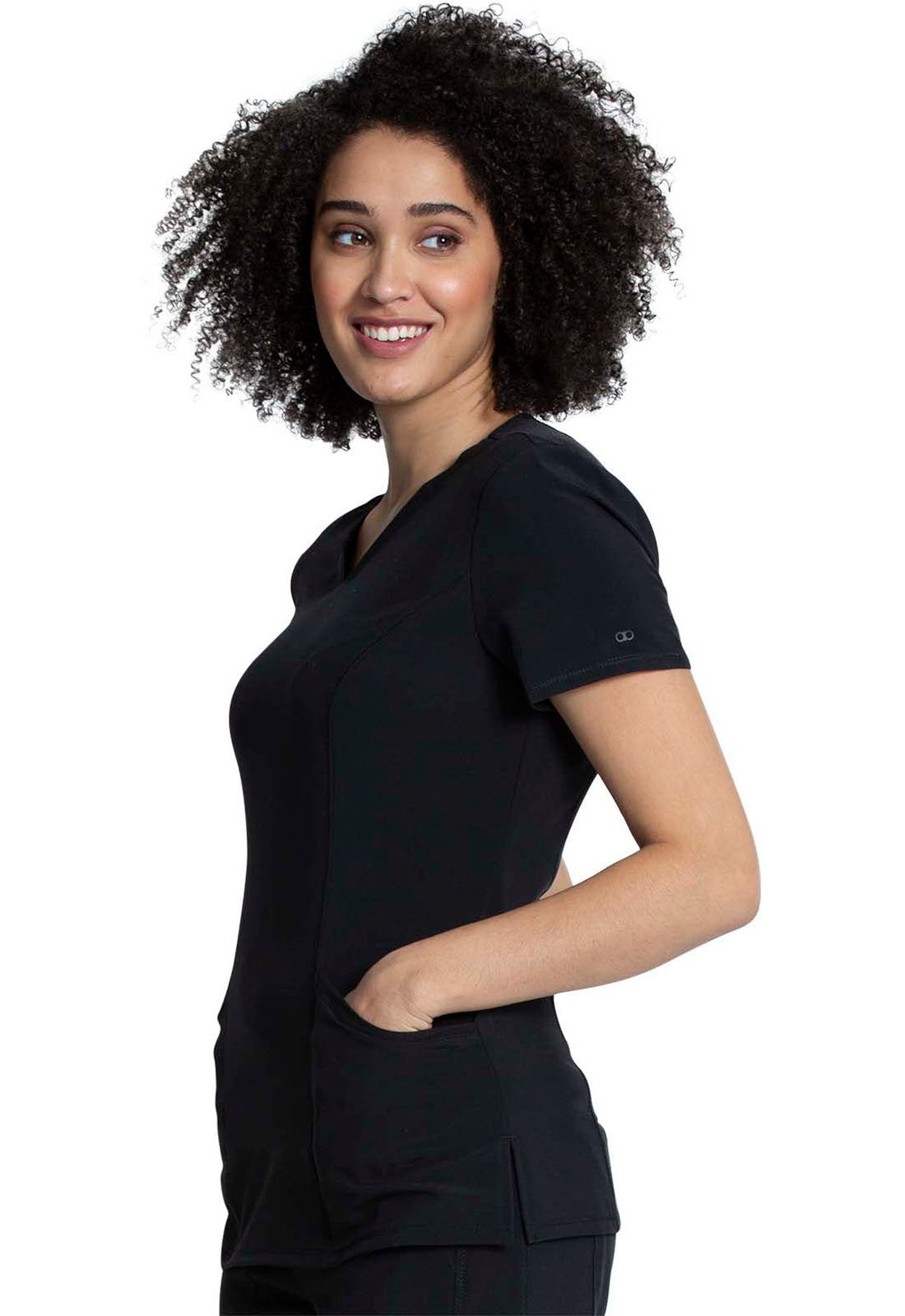 Allura CKA684 V-Neck Top Black Model Image Right Side | Cherokee