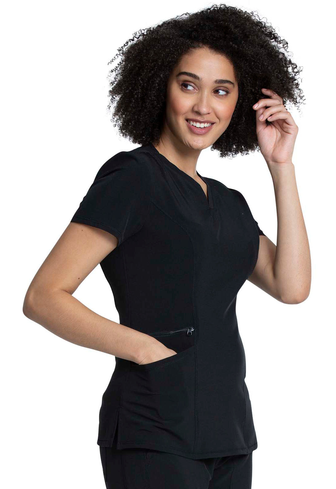 Allura CKA684 V-Neck Top Black Model Image Left Side | Cherokee