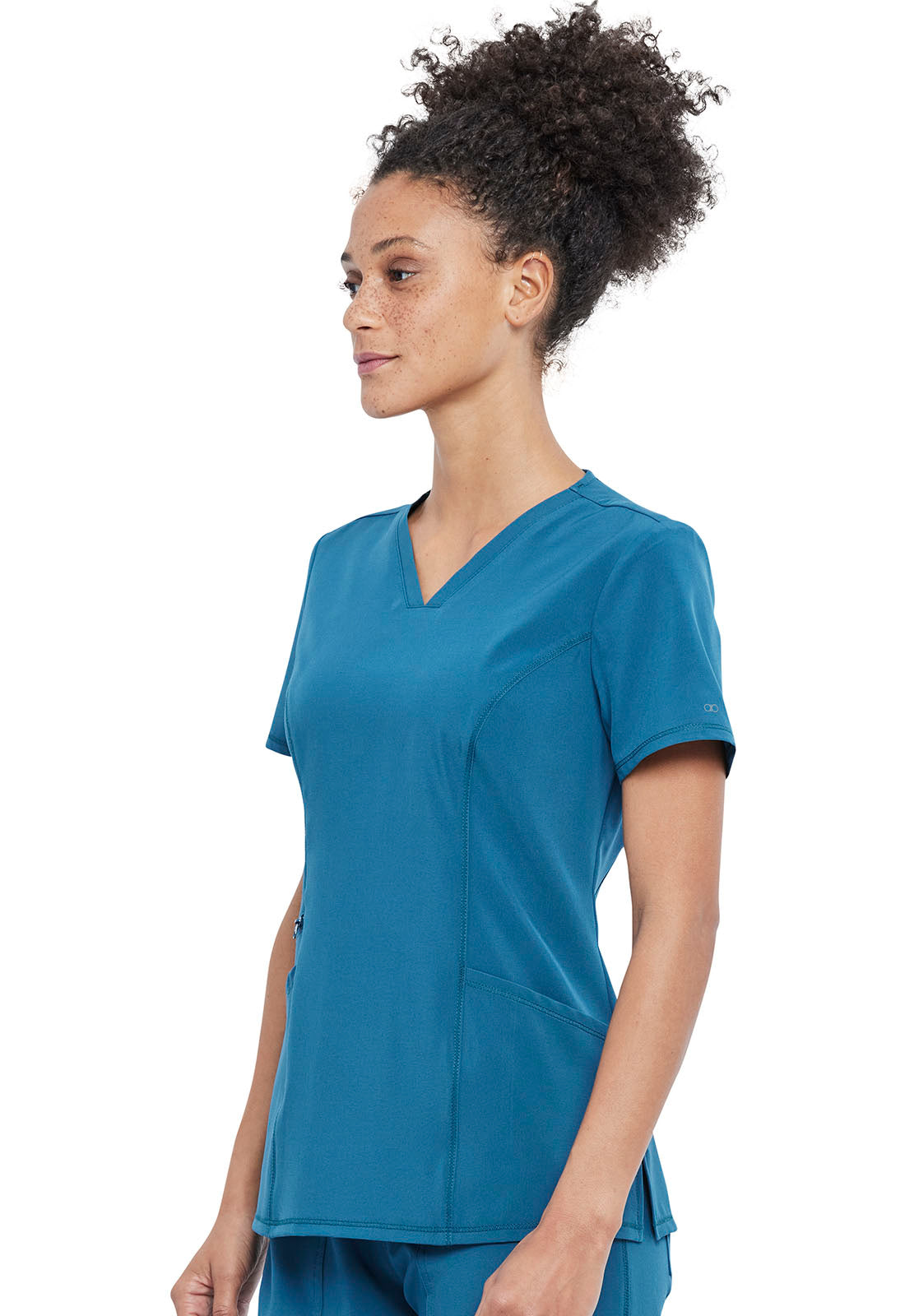 Allura CKA684 V-Neck Top Caribbean Blue Model Image Right Side | Cherokee