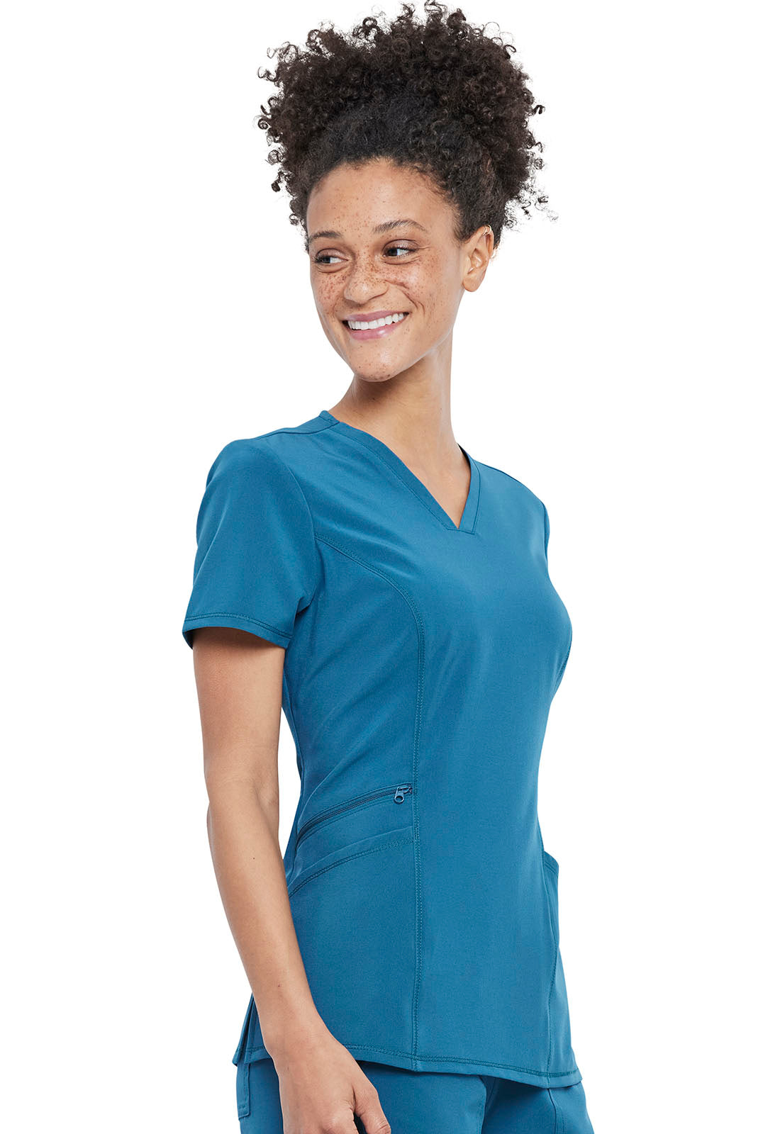 Allura CKA684 V-Neck Top Caribbean Blue Model Image Left Side | Cherokee