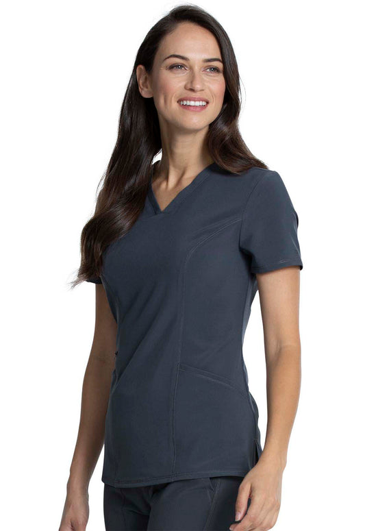 Allura CKA684 V-Neck Top Pewter Model Image Right Side | Cherokee