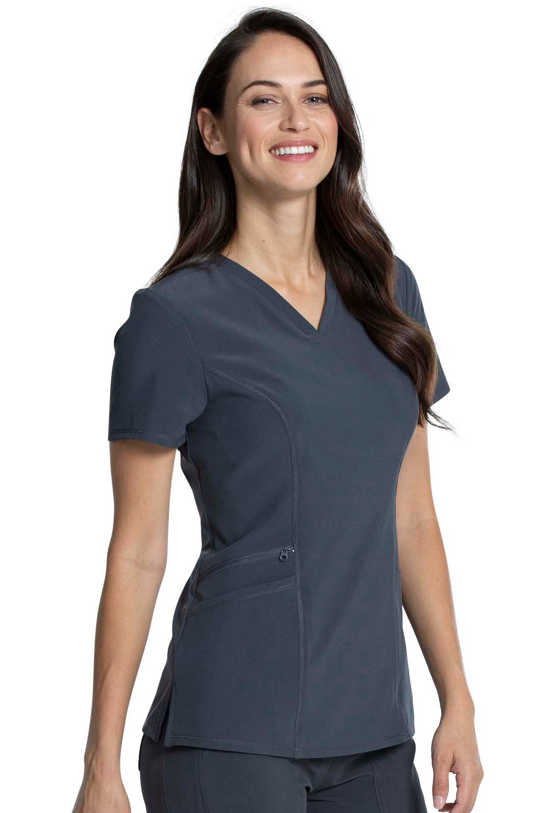 Allura CKA684 V-Neck Top Pewter Model Image Left Side | Cherokee