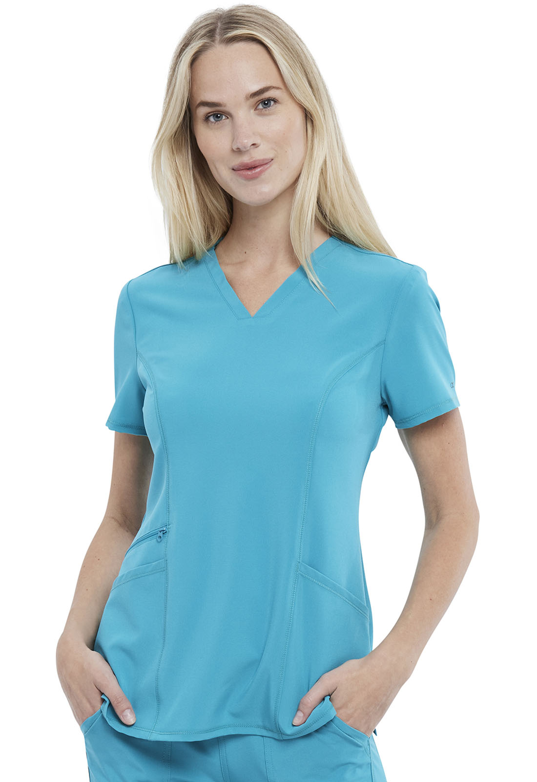 Allura CKA684 V-Neck Top Teal Blue Model Image Front | Cherokee