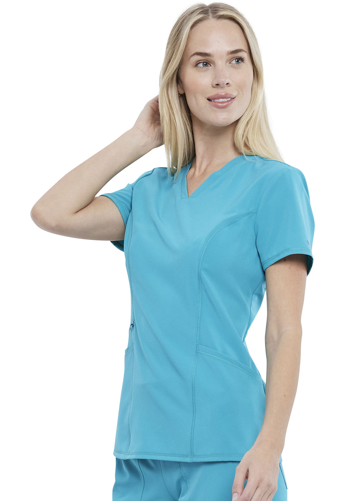 Allura CKA684 V-Neck Top Teal Blue Model Image Right Side | Cherokee