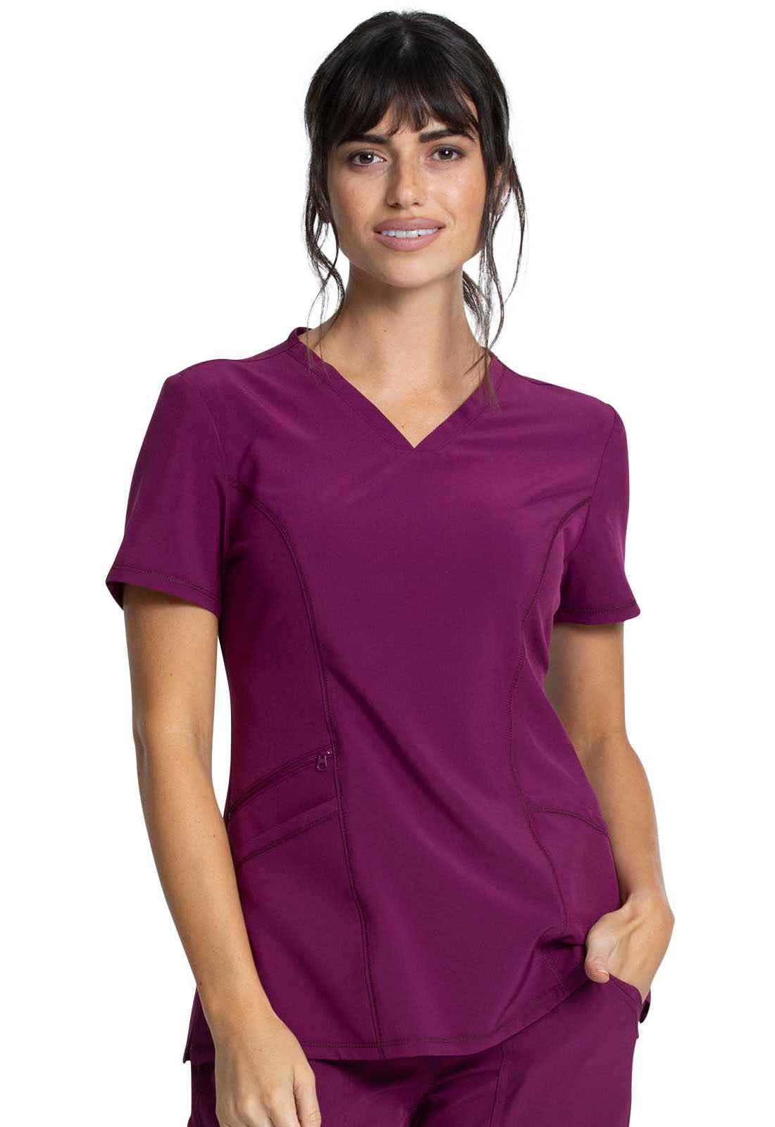 Allura CKA684 V-Neck Top Wine Model Image Front | Cherokee