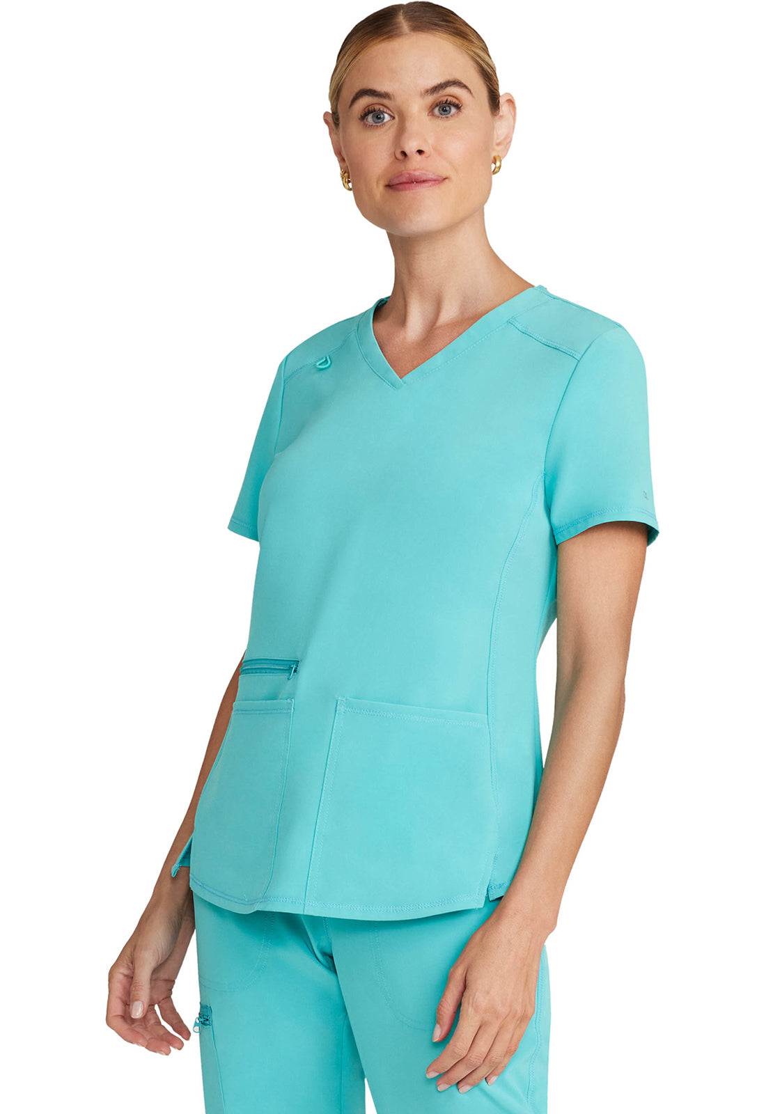 Allura CKA685 V-Neck Top Aqua Cove Model Image Right Side | Cherokee