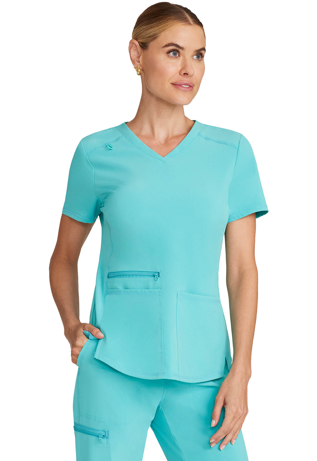 Allura CKA685 V-Neck Top Aqua Cove Model Image Left Side | Cherokee