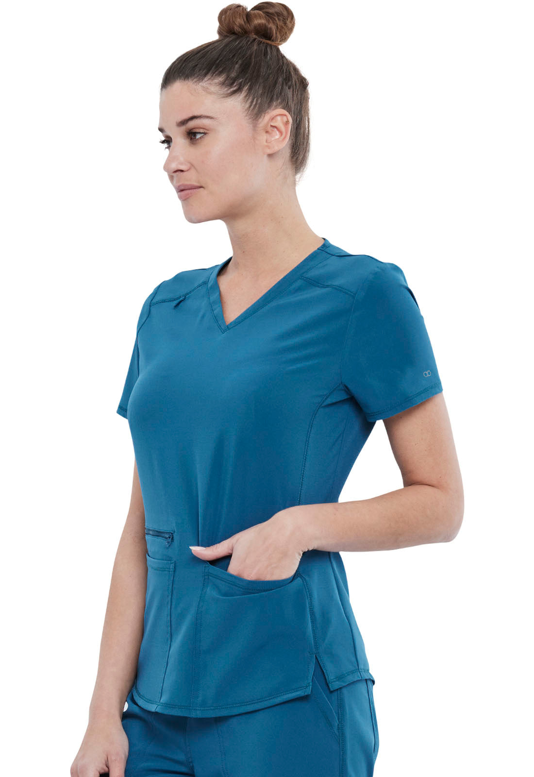 Allura CKA685 V-Neck Top Caribbean Blue Model Image Right Side | Cherokee