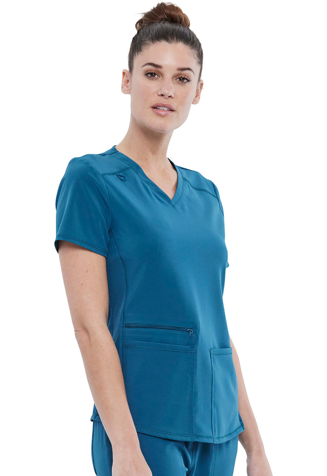 Allura CKA685 V-Neck Top Caribbean Blue Model Image Left Side | Cherokee