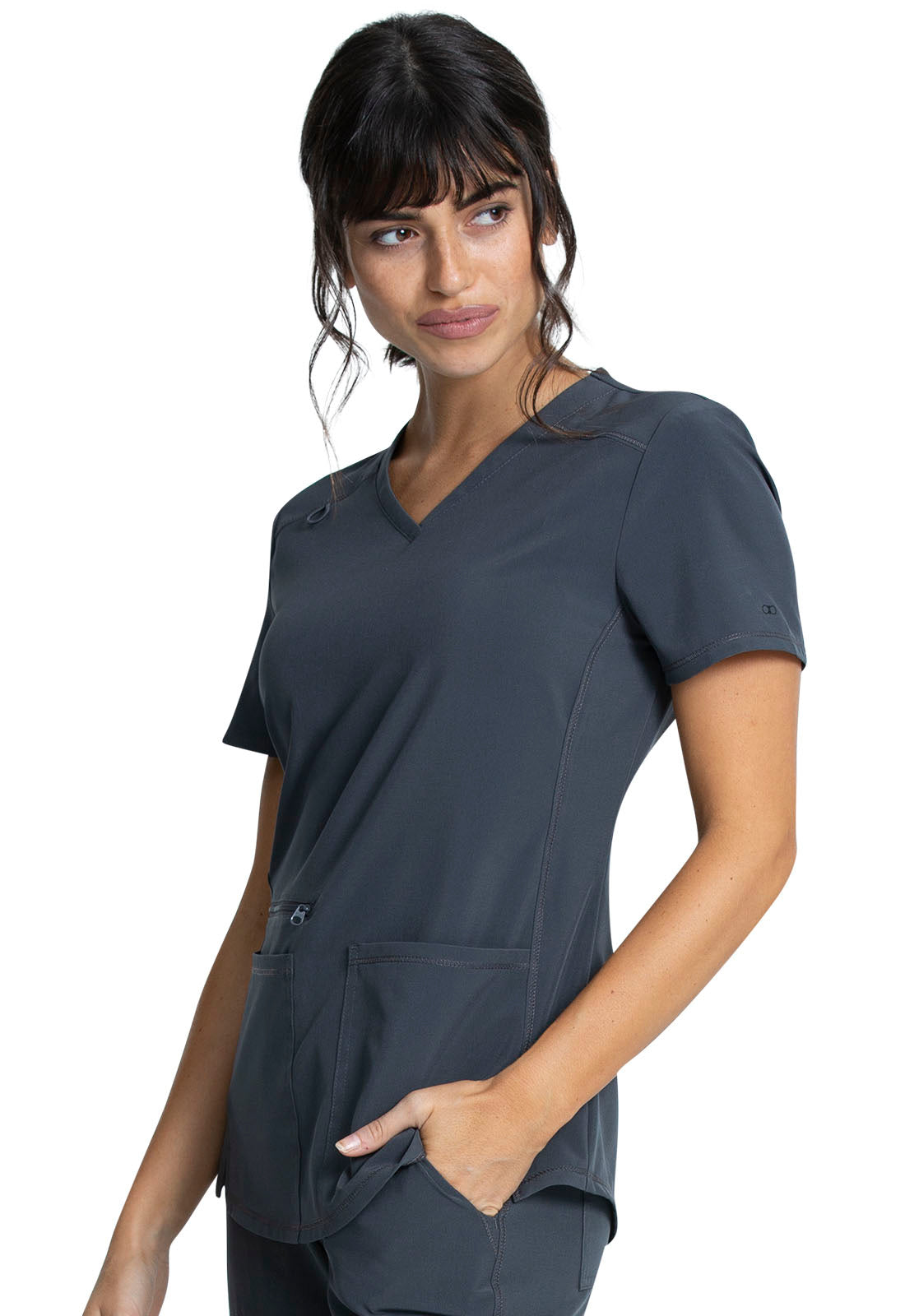 Allura CKA685 V-Neck Top Pewter Model Image Right Side | Cherokee