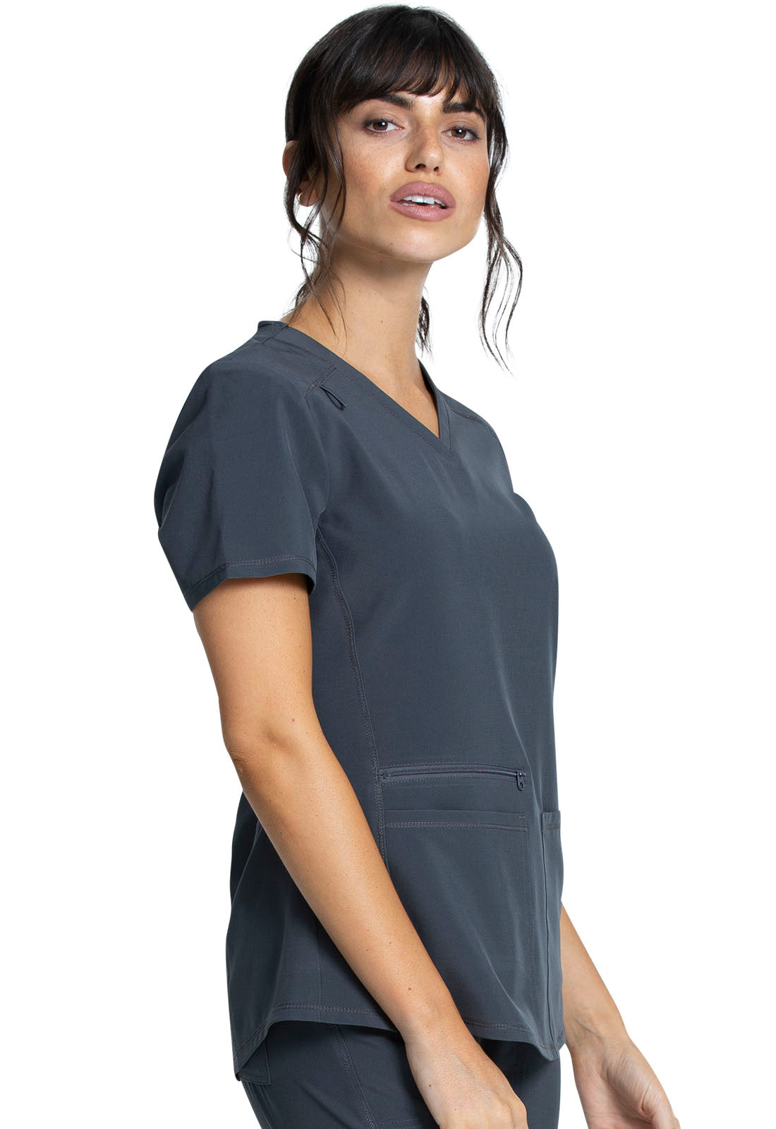 Allura CKA685 V-Neck Top Pewter Model Image Left Side | Cherokee