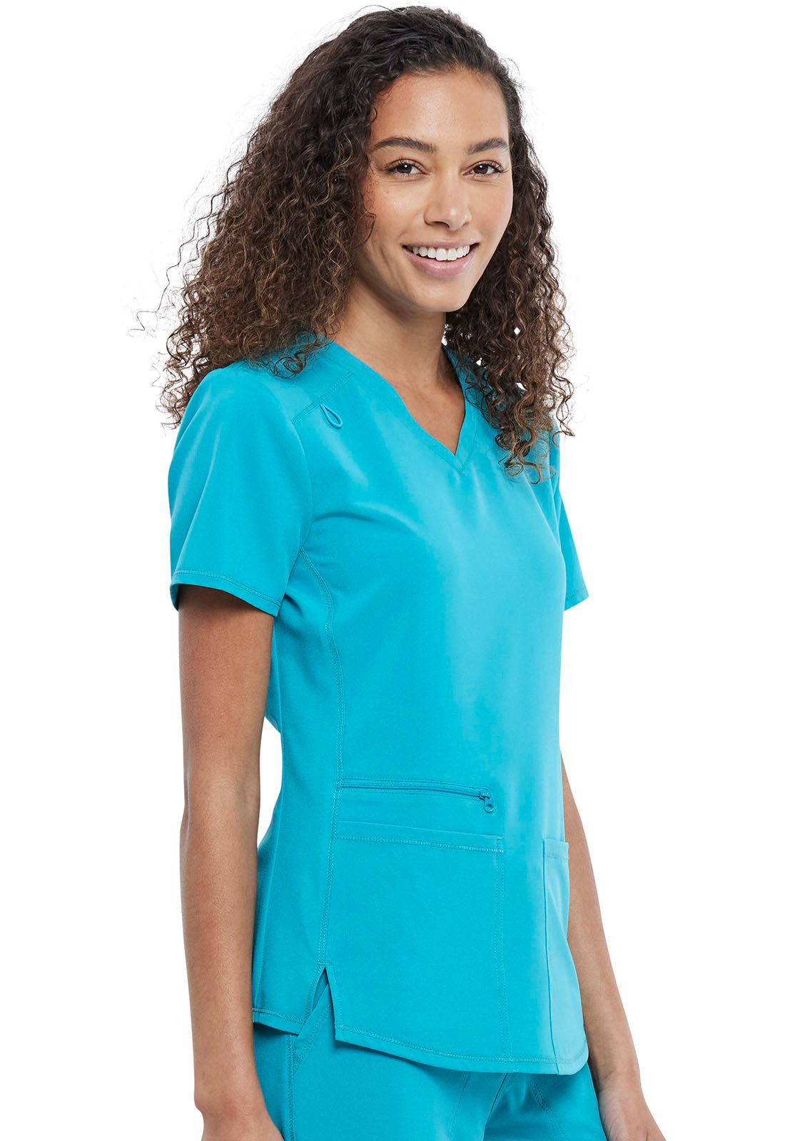 Allura CKA685 V-Neck Top Teal Blue Model Image Left Side | Cherokee