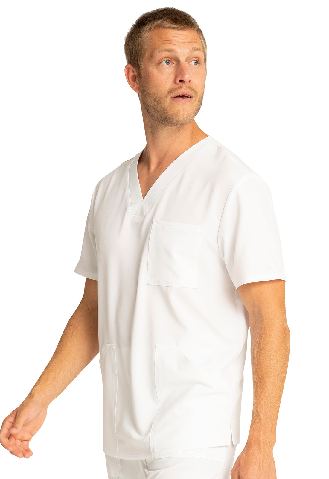 Allura CKA686 Men's V-Neck Top White Model Image Right Side | Cherokee