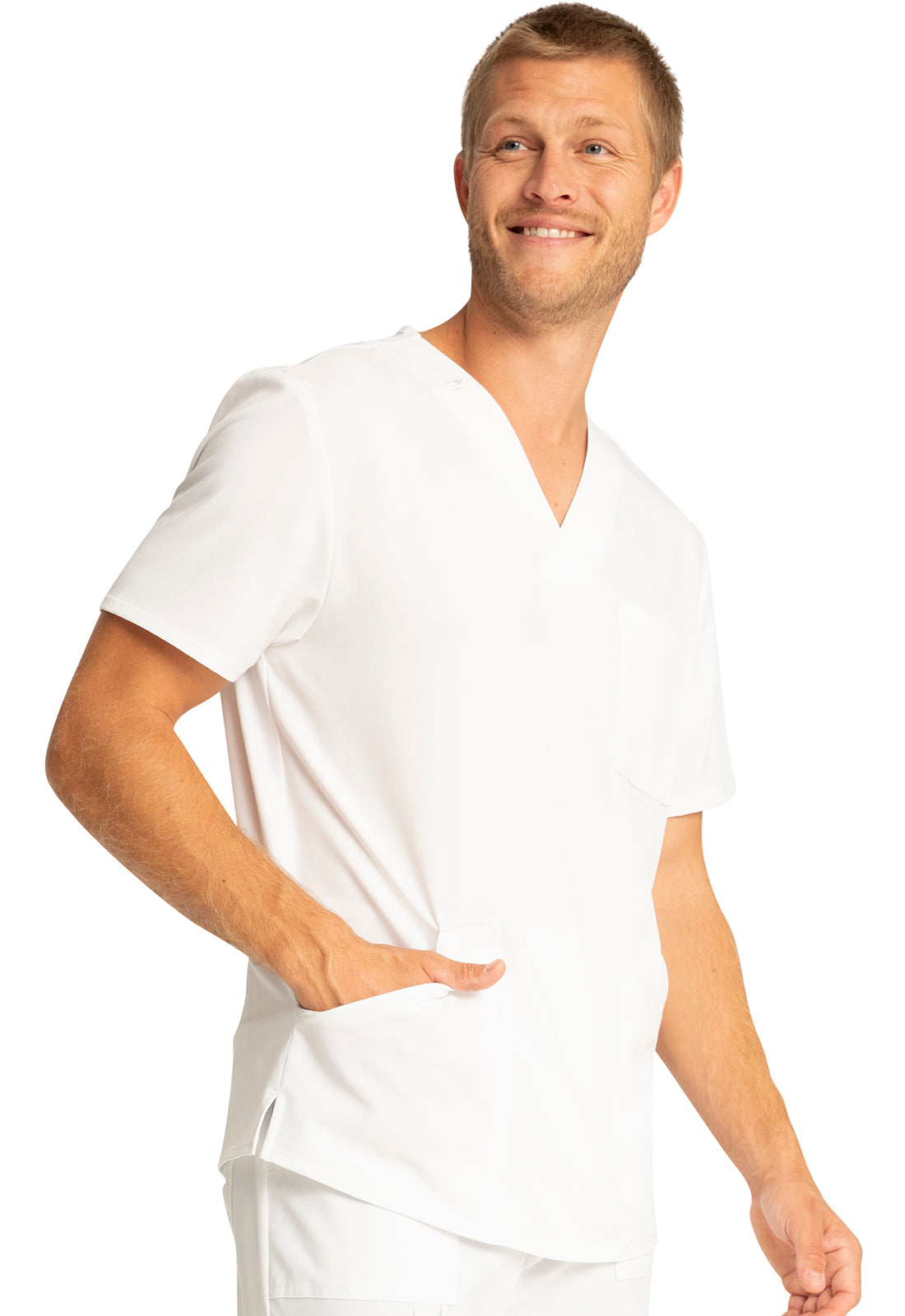 Allura CKA686 Men's V-Neck Top White Model Image Left Side | Cherokee