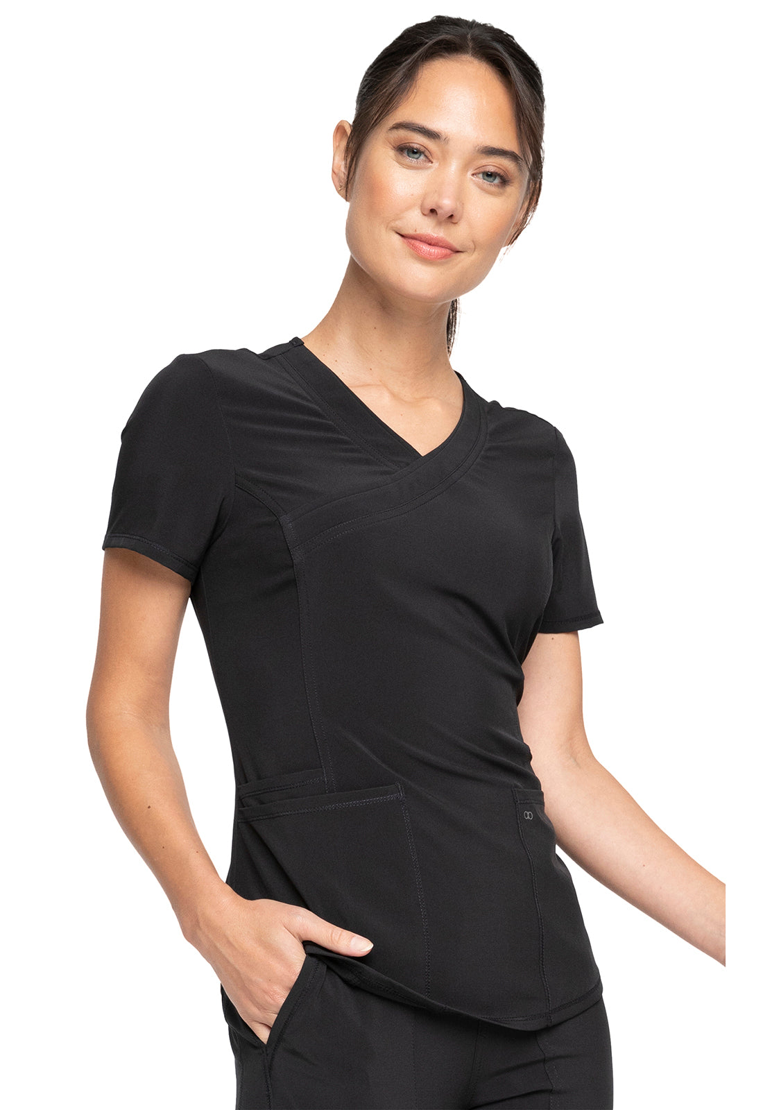 Allura CKA688 Mock Wrap Top Black Model Image Left Side | Cherokee