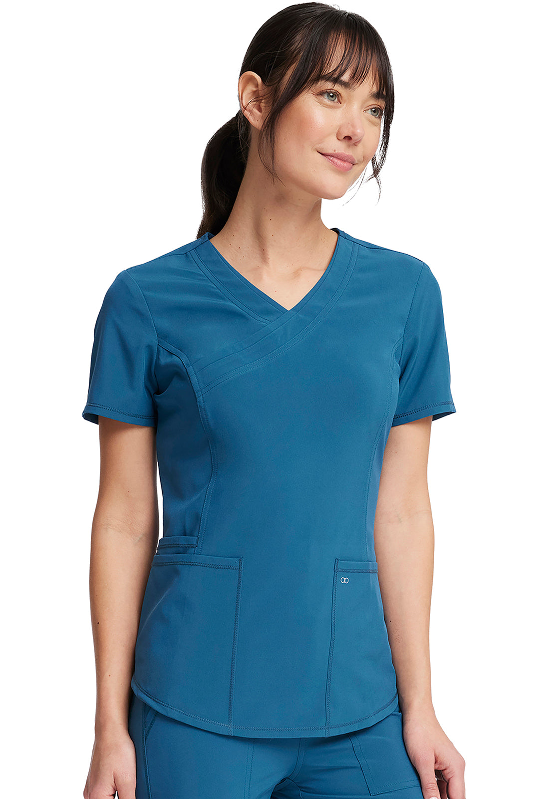 Allura CKA688 Mock Wrap Top Caribbean Blue Model Image Left Side | Cherokee