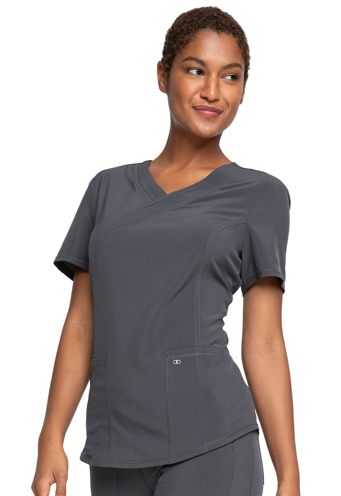 Allura CKA688 Mock Wrap Top Pewter Model Image Right Side | Cherokee