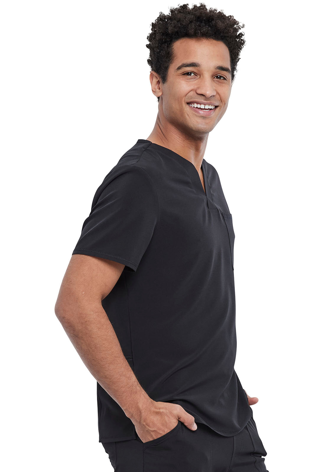 Allura CKA689 Men's Tuckable V-Neck Top Black Model Image Left Side | Cherokee