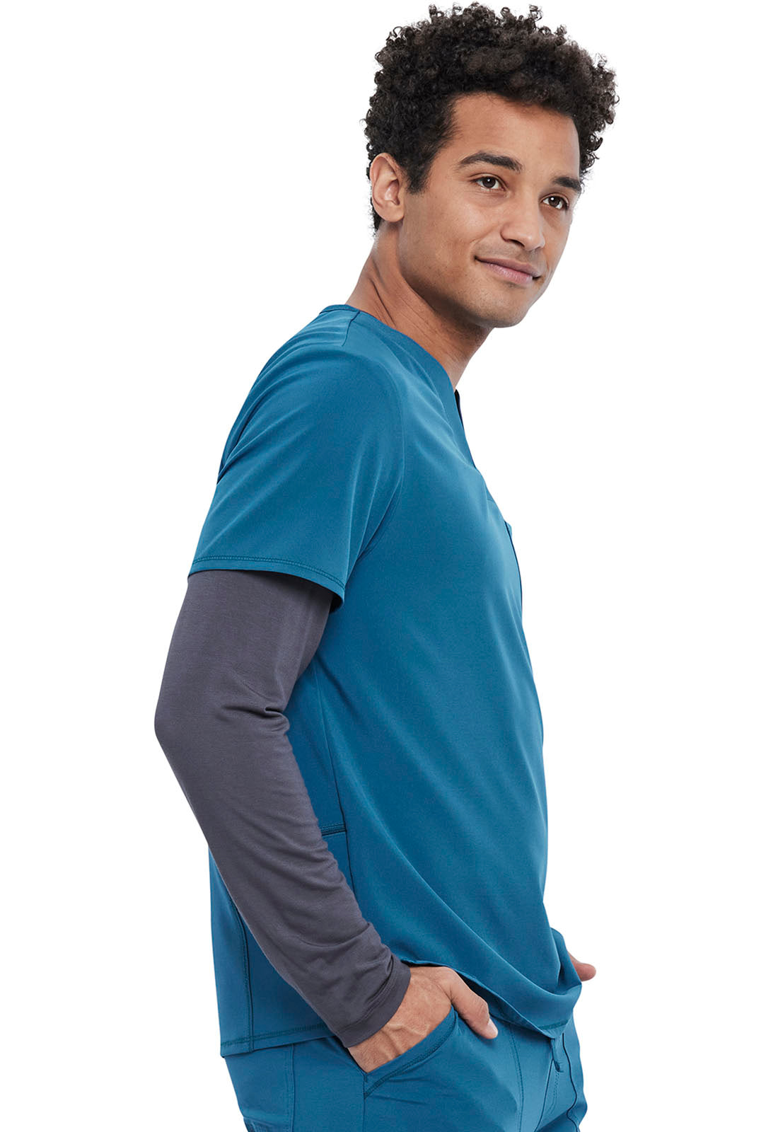 Allura CKA689 Men's Tuckable V-Neck Top Caribbean Blue Model Image Left Side | Cherokee