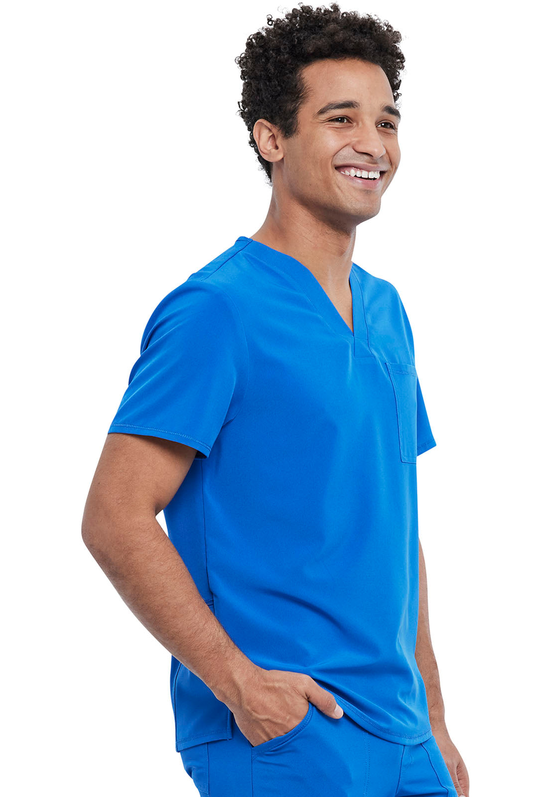 Allura CKA689 Men's Tuckable V-Neck Top Royal Model Image Left Side | Cherokee