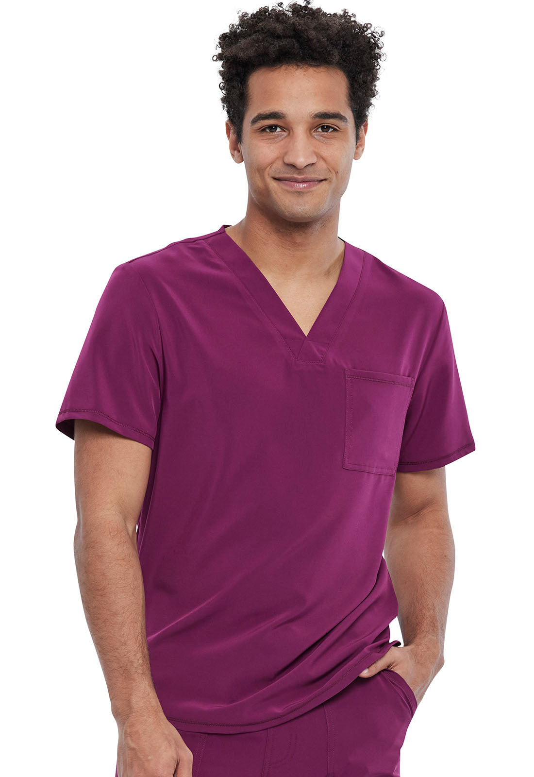 Allura CKA689 Men's Tuckable V-Neck Top Wine Model Image Front | Cherokee