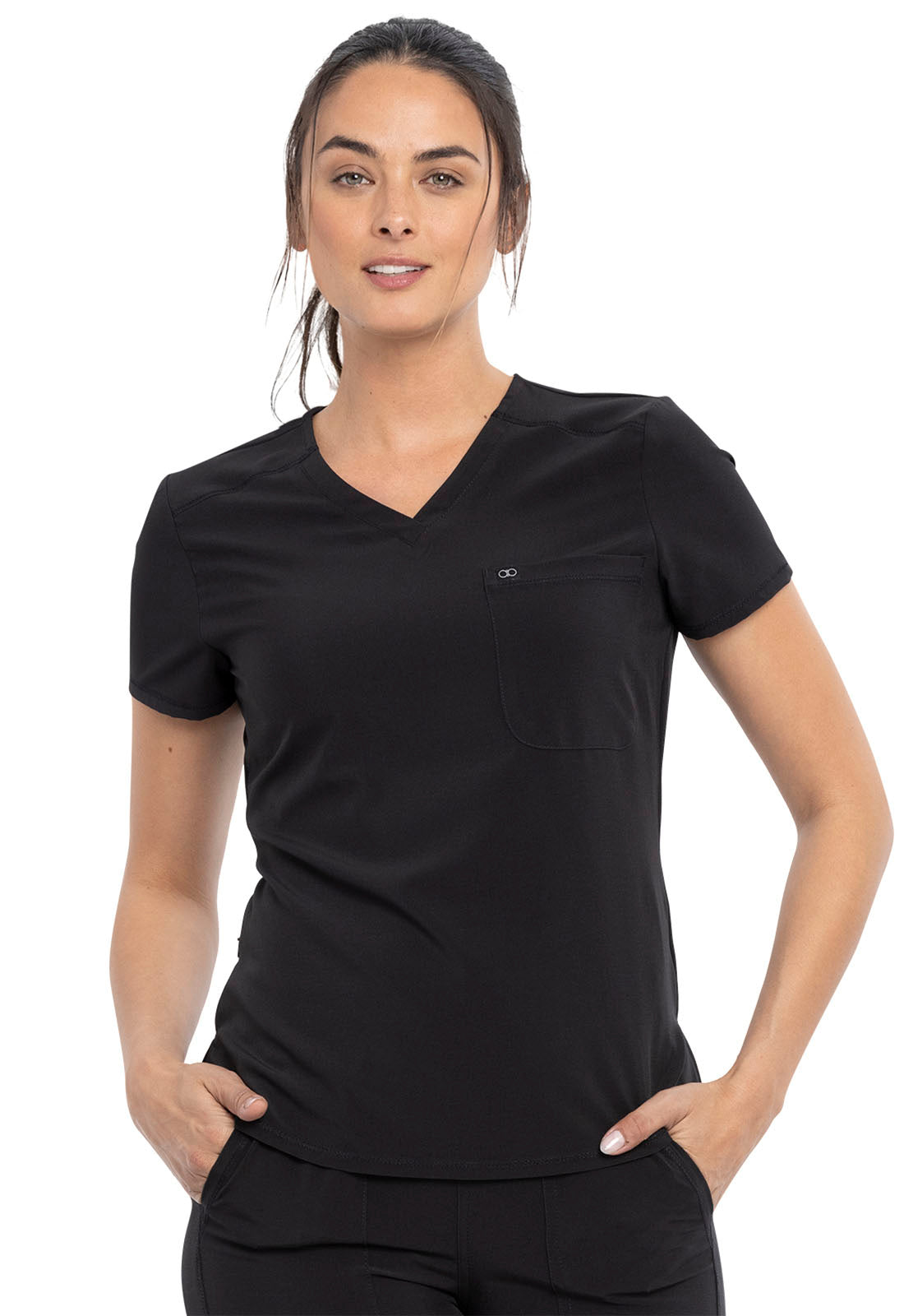 Allura CKA690 Tuckable V-Neck Top Black Model Image Front | Cherokee