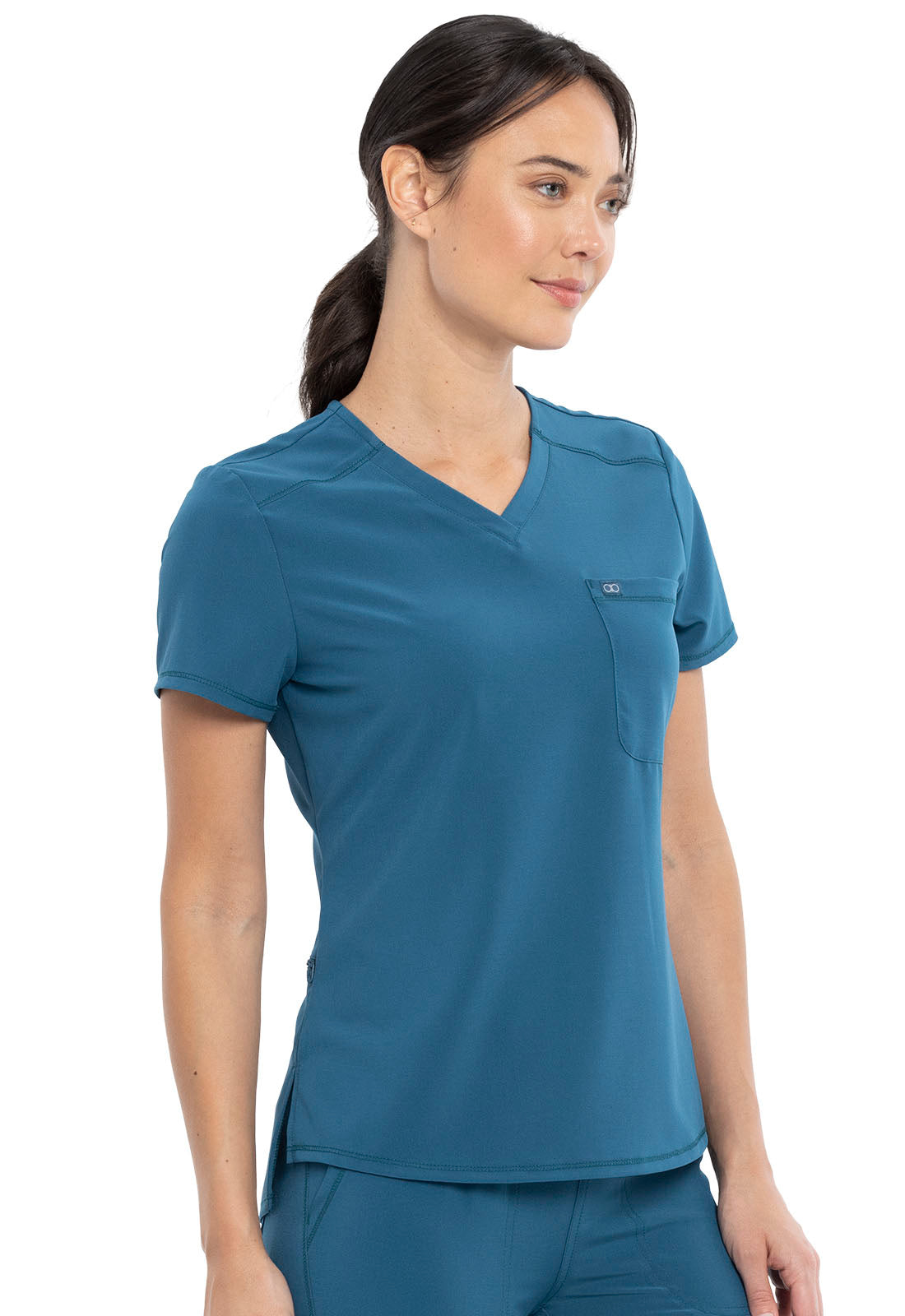 Allura CKA690 Tuckable V-Neck Top Caribbean Blue Model Image Left Side | Cherokee