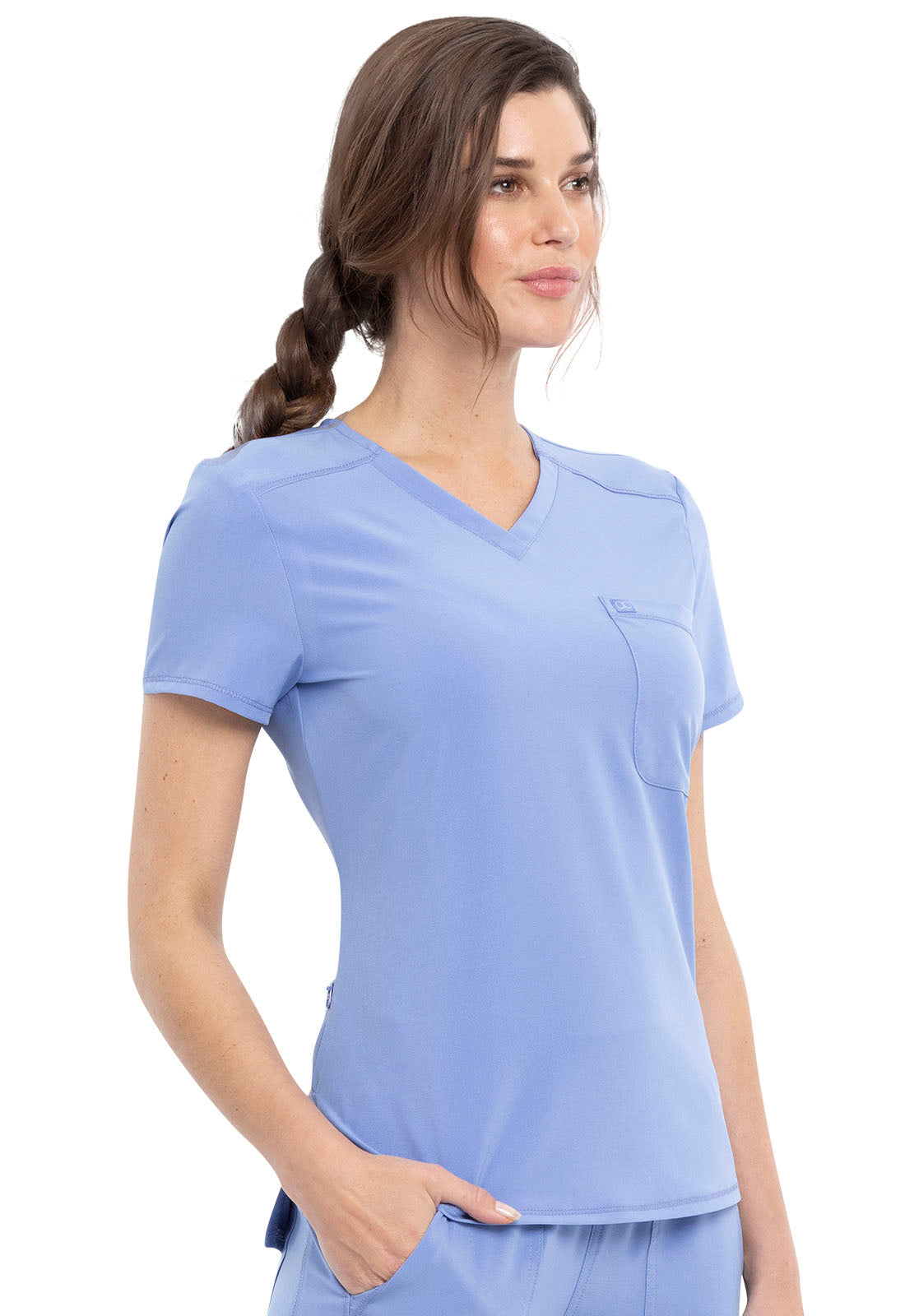 Allura CKA690 Tuckable V-Neck Top Ciel Model Image Left Side | Cherokee