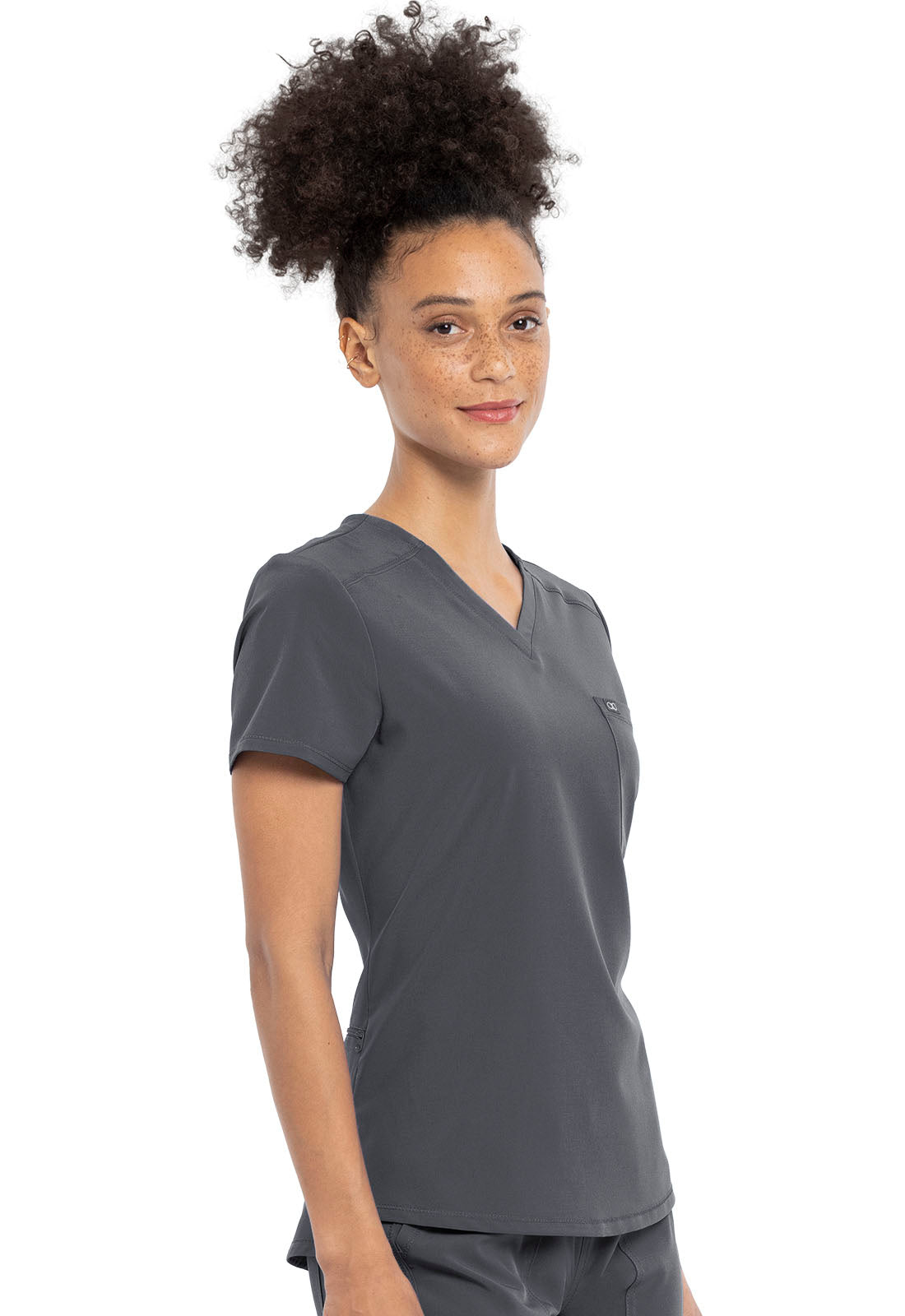 Allura CKA690 Tuckable V-Neck Top Pewter Model Image Left Side | Cherokee