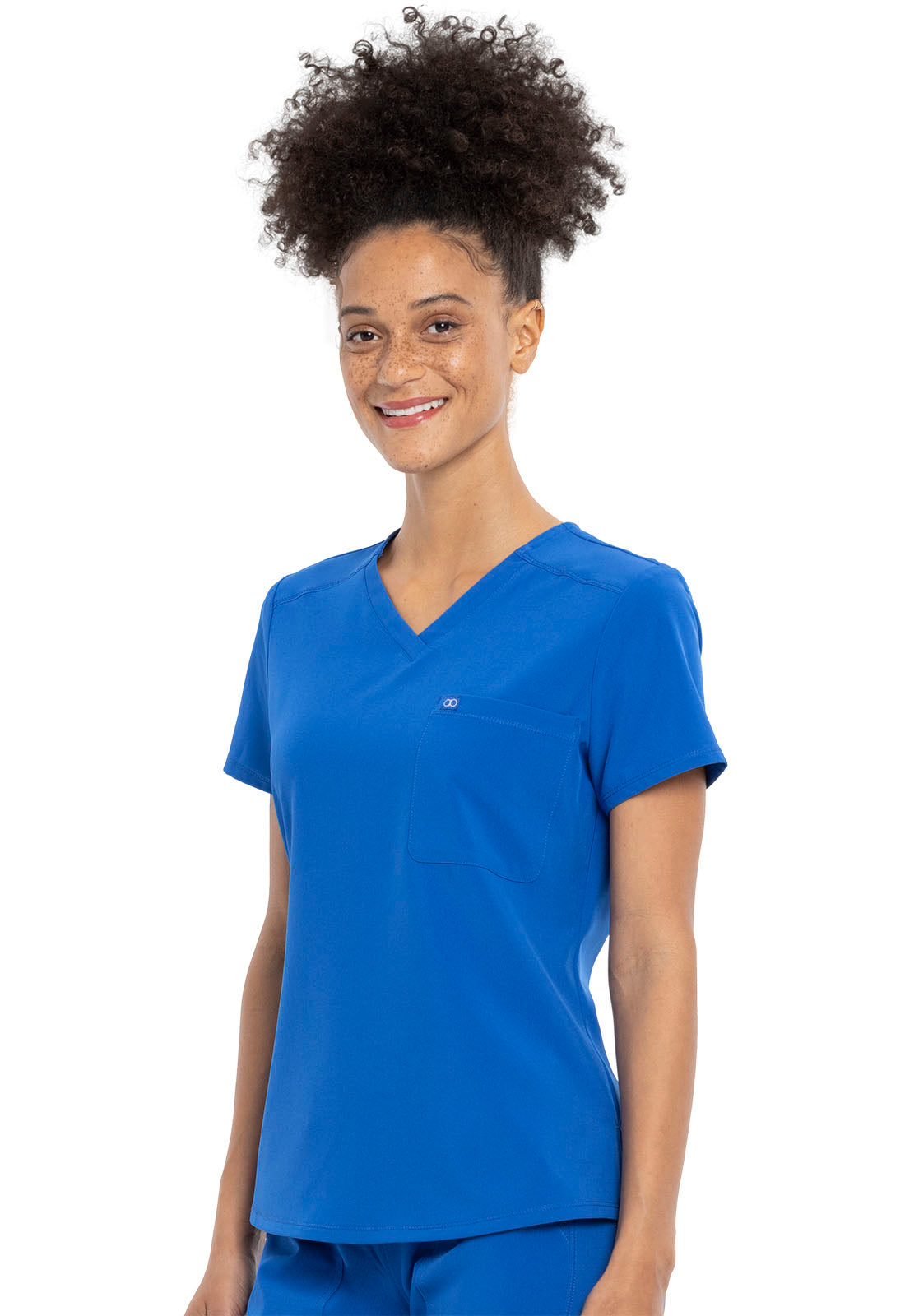 Allura CKA690 Tuckable V-Neck Top Royal Model Image Right Side | Cherokee