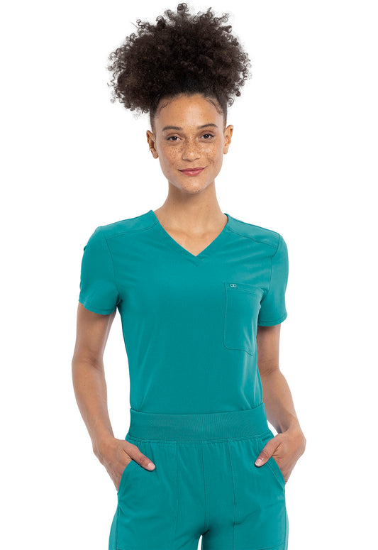 Allura CKA690 Tuckable V-Neck Top Teal Blue Model Image Front | Cherokee