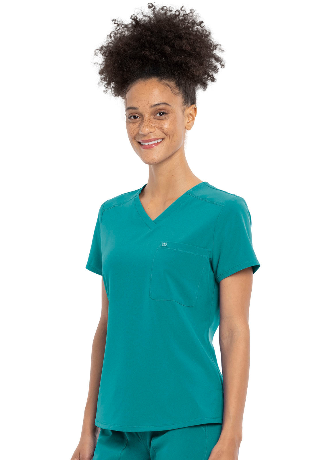 Allura CKA690 Tuckable V-Neck Top Teal Blue Model Image Right Side | Cherokee