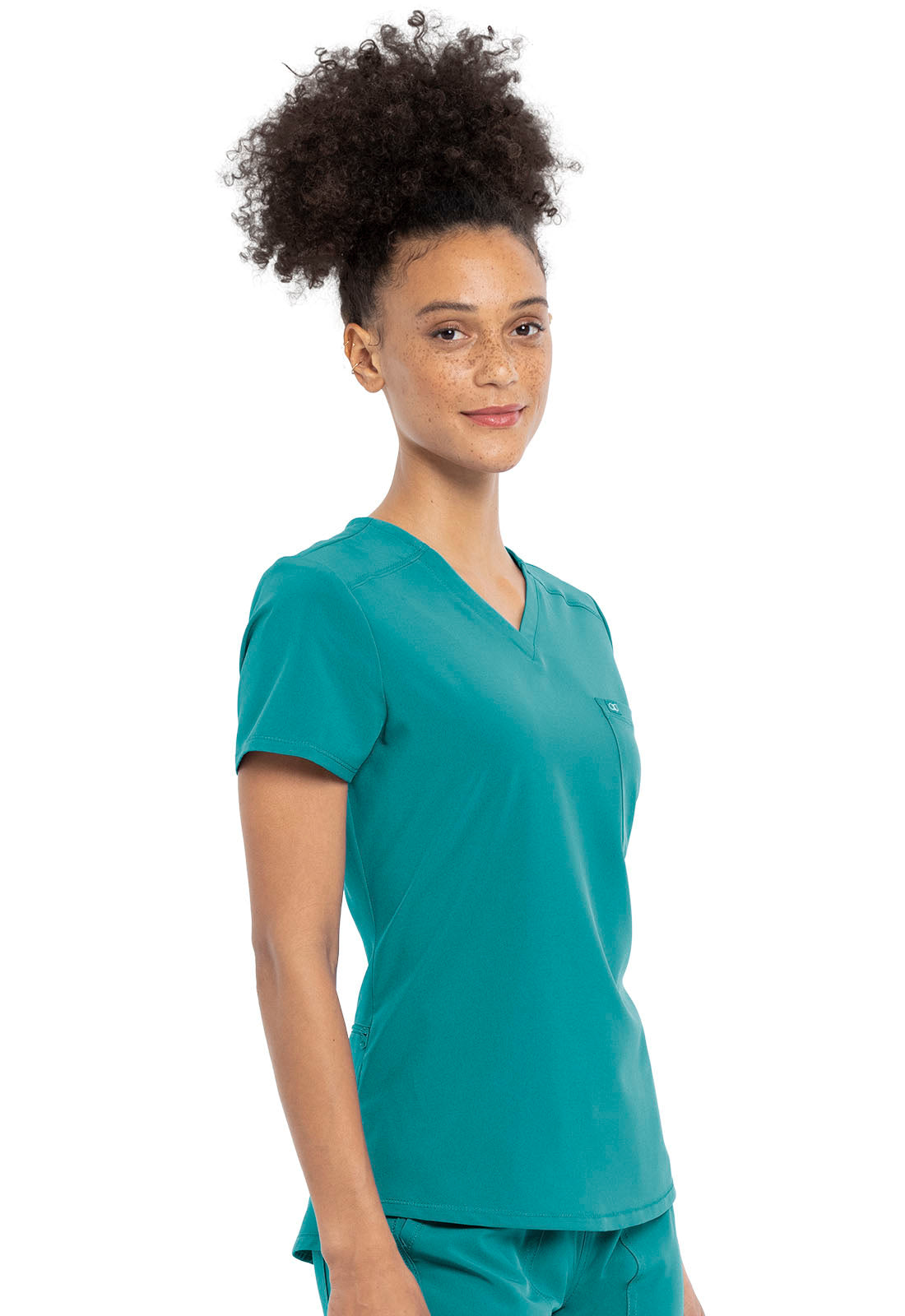 Allura CKA690 Tuckable V-Neck Top Teal Blue Model Image Left Side | Cherokee