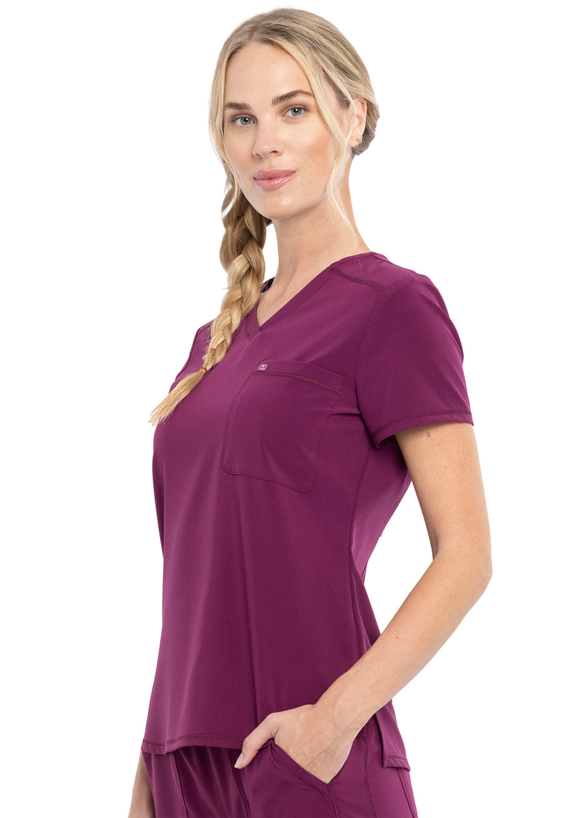 Allura CKA690 Tuckable V-Neck Top Wine Model Image Right Side | Cherokee