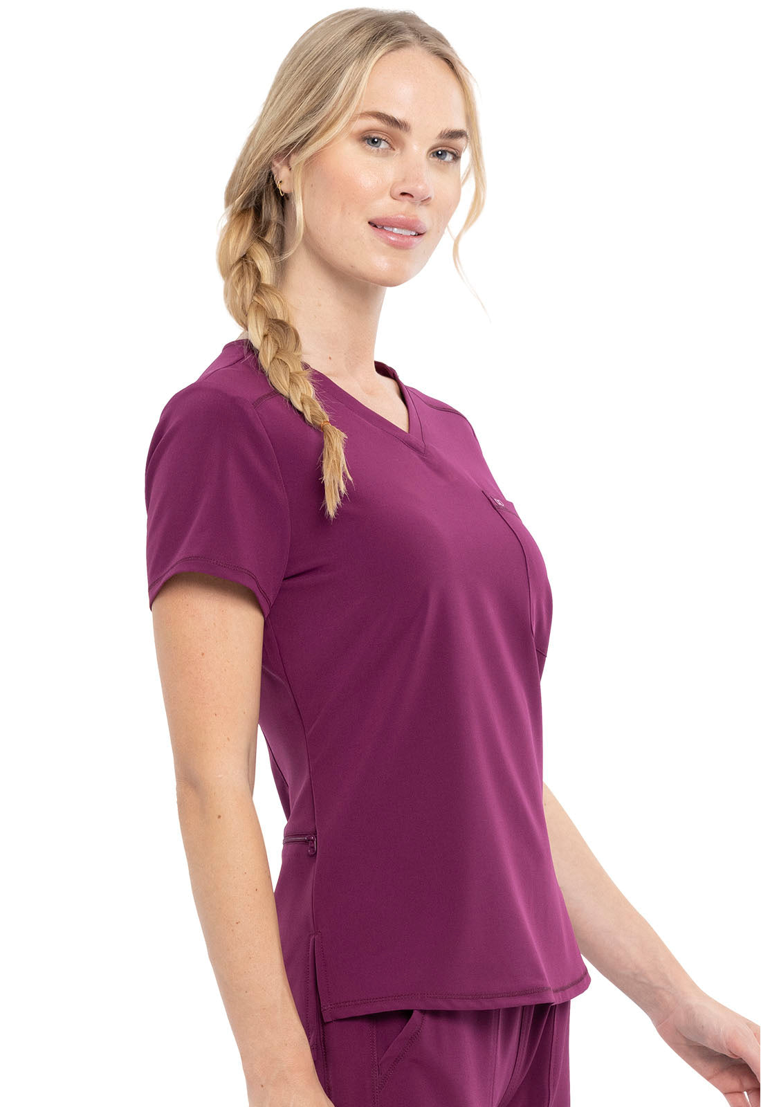 Allura CKA690 Tuckable V-Neck Top Wine Model Image Left Side | Cherokee