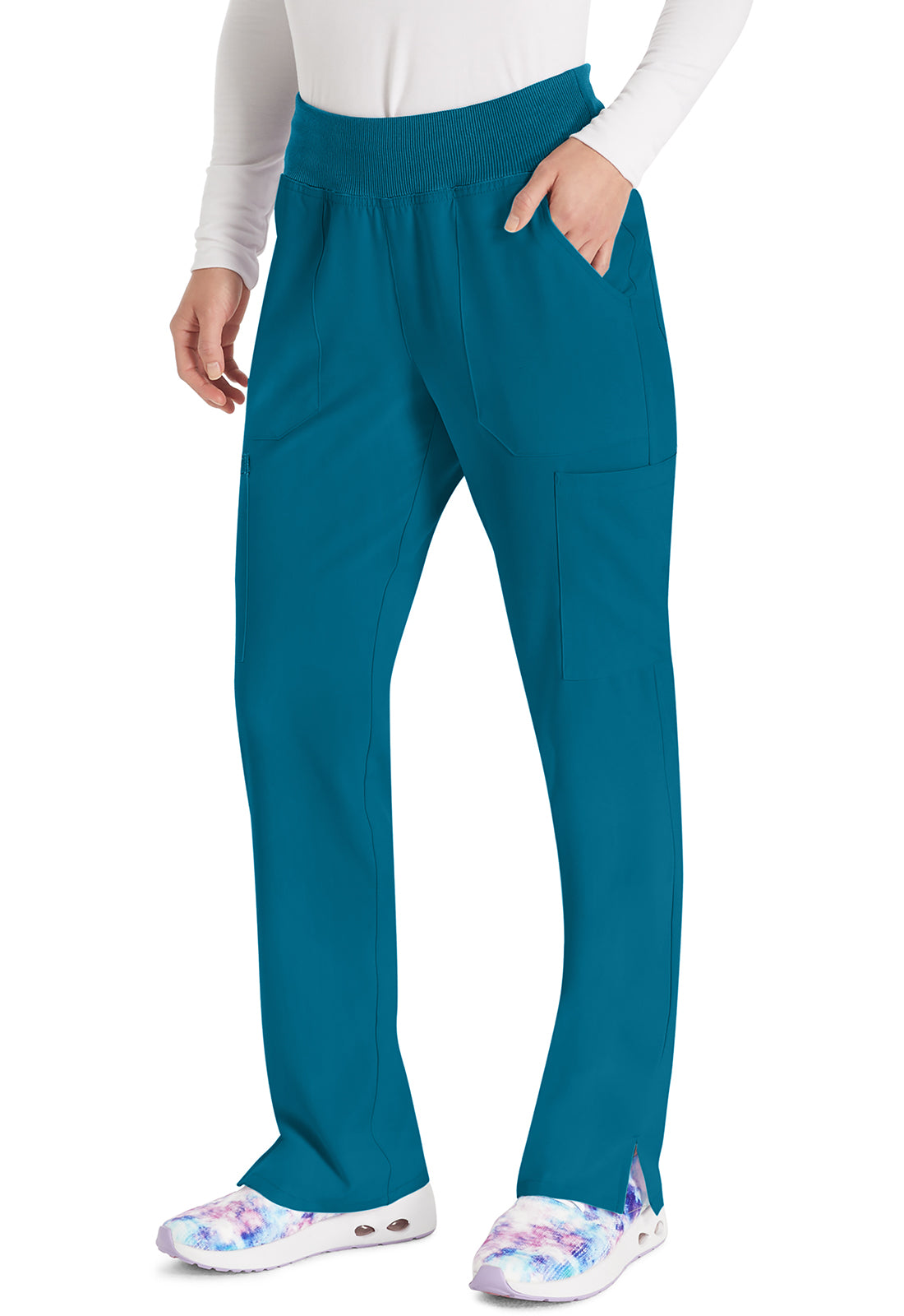 EDS Essentials DK005 Women's Natural Rise Tapered Leg Pull-On Scrub Pants Caribbean Blue