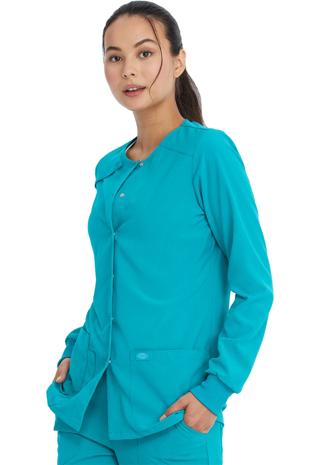 EDS Essentials DK305 Snap Front Warm-up Jacket Teal Blue Model Image Right Side | Dickies