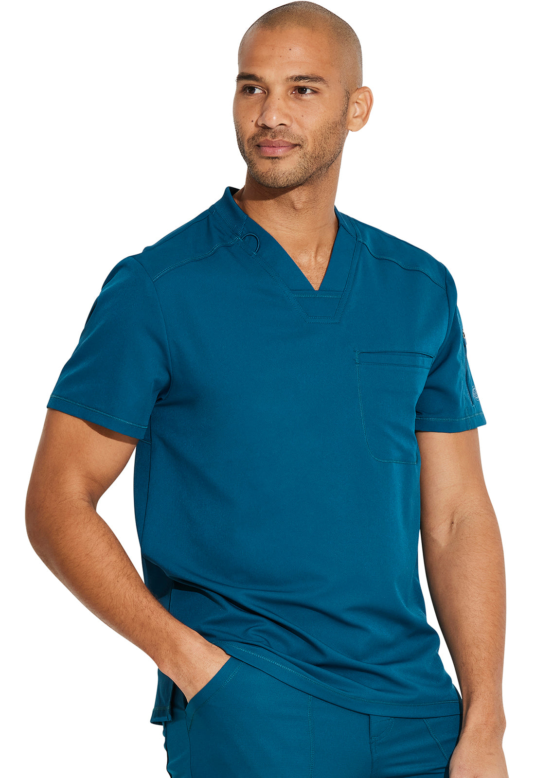 Dynamix DK610 Men's Tuckable V-Neck Top Caribbean Blue Model Image Left Side | Dickies