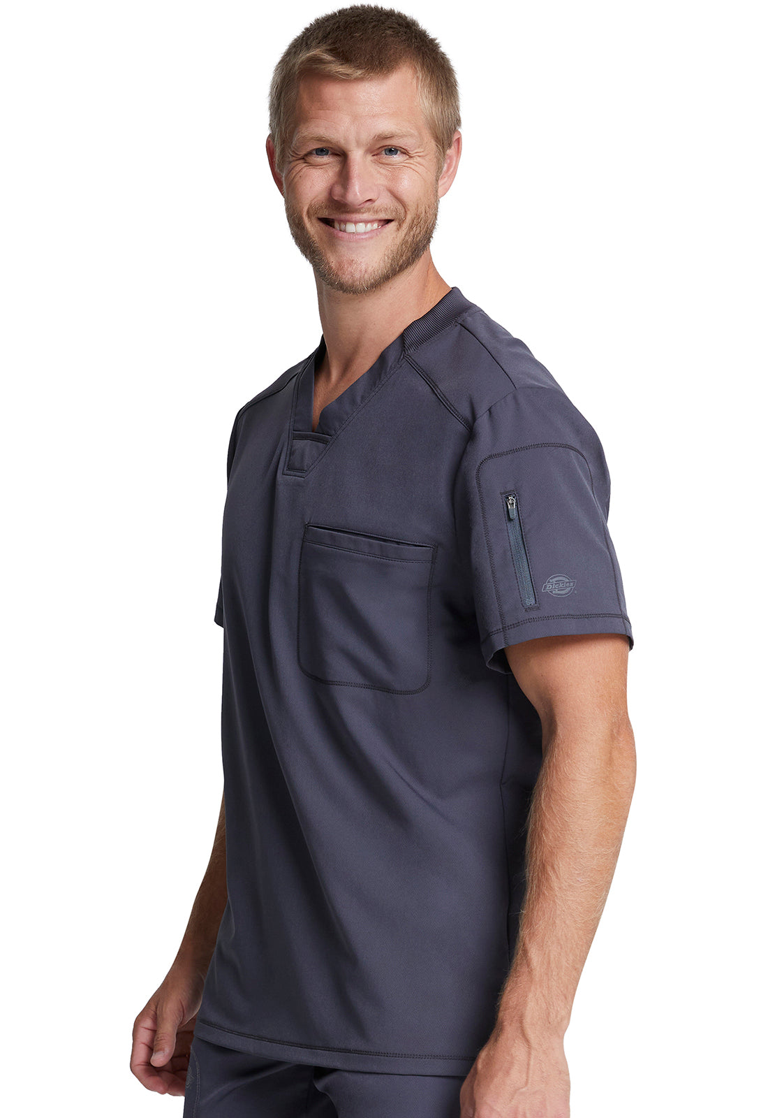 Dynamix DK610 Men's Tuckable V-Neck Top Pewter Model Image Right Side | Dickies