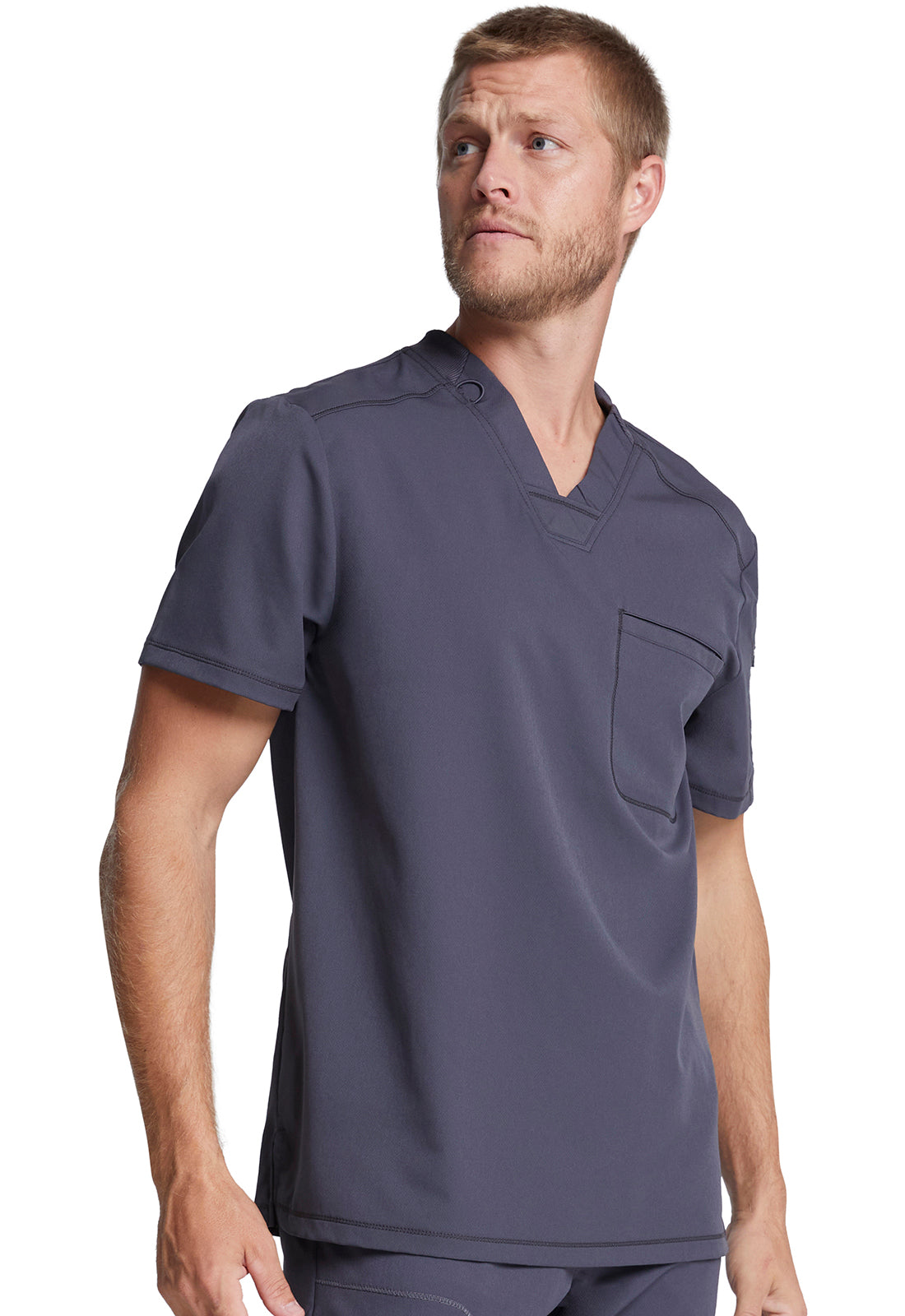 Dynamix DK610 Men's Tuckable V-Neck Top Pewter Model Image Left Side | Dickies