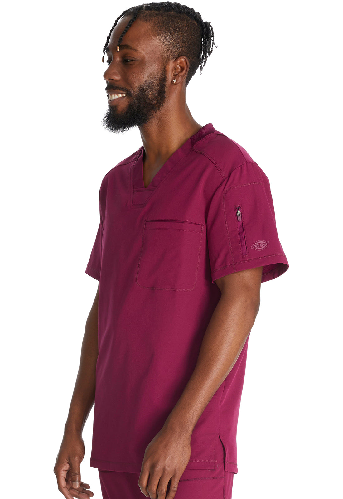 Dynamix DK610 Men's Tuckable V-Neck Top Wine Model Image Right Side | Dickies