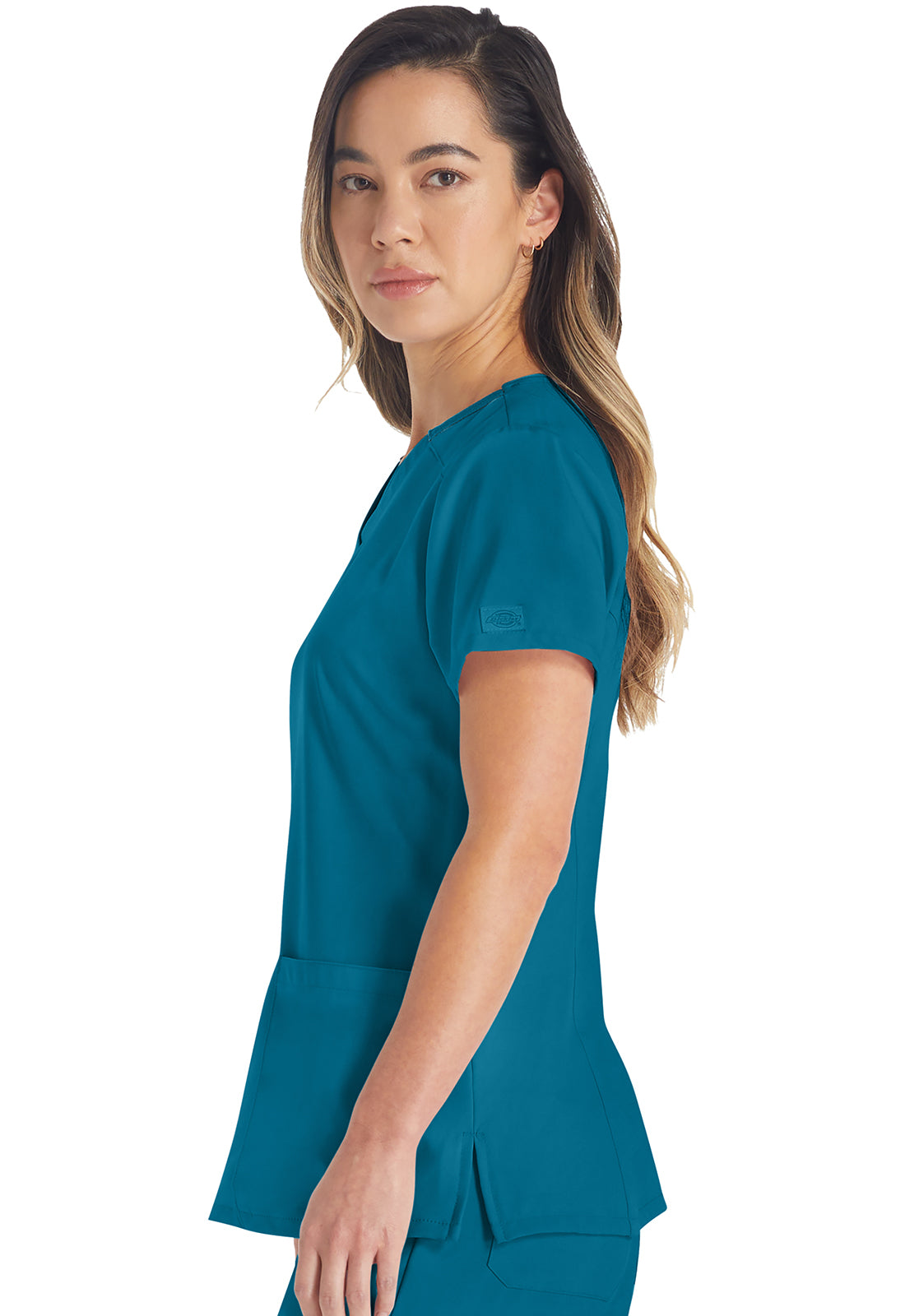 EDS Essentials DK615 V-Neck Top Caribbean Blue Model Image Right Side | Dickies