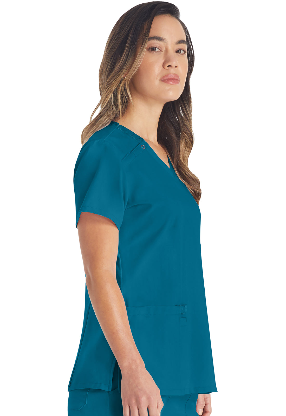 EDS Essentials DK615 V-Neck Top Caribbean Blue Model Image Left Side | Dickies