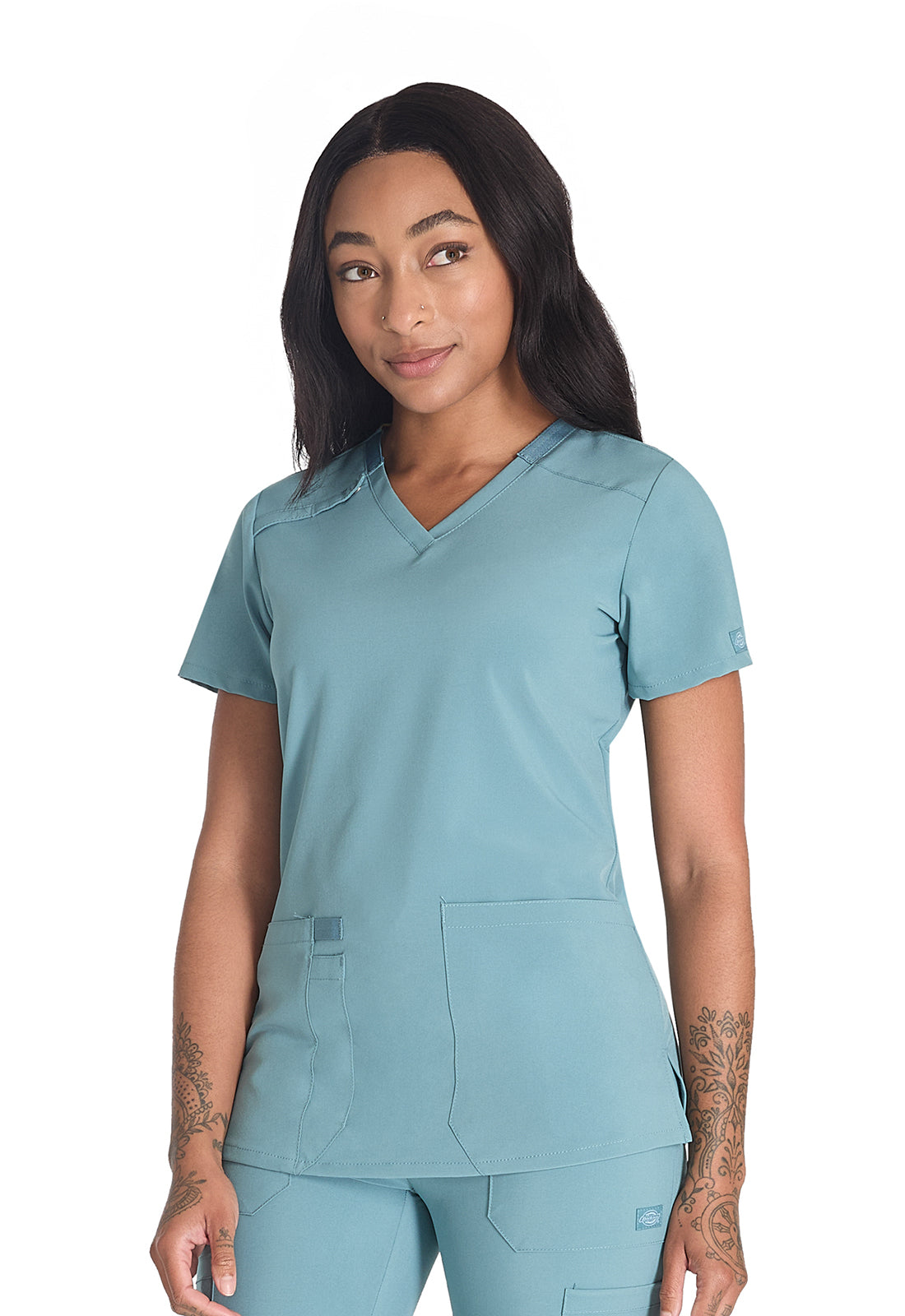 EDS Essentials DK615 V-Neck Top Mineral Blue Model Image Right Side | Dickies